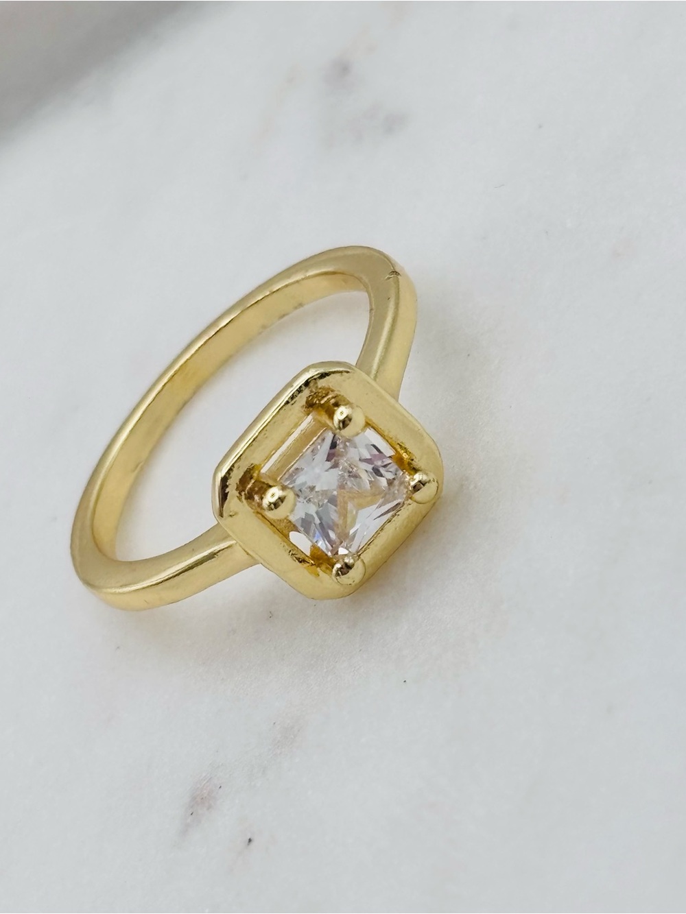 Gold Plated Solitaire Square-Cut Ring with Clear Stone - Women Jewelry
